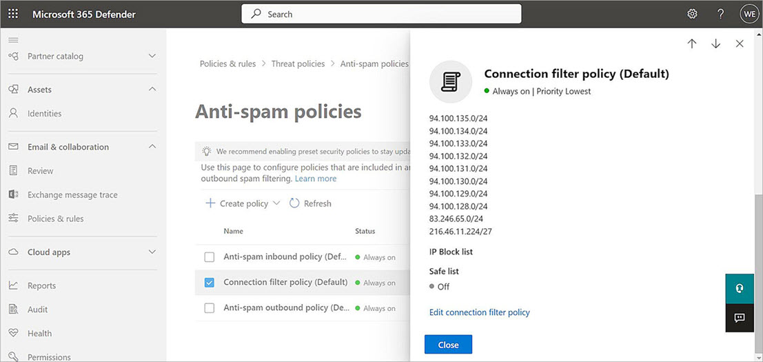 Screenshot of the Microsoft 365 Connection filter policy (default) dialog box